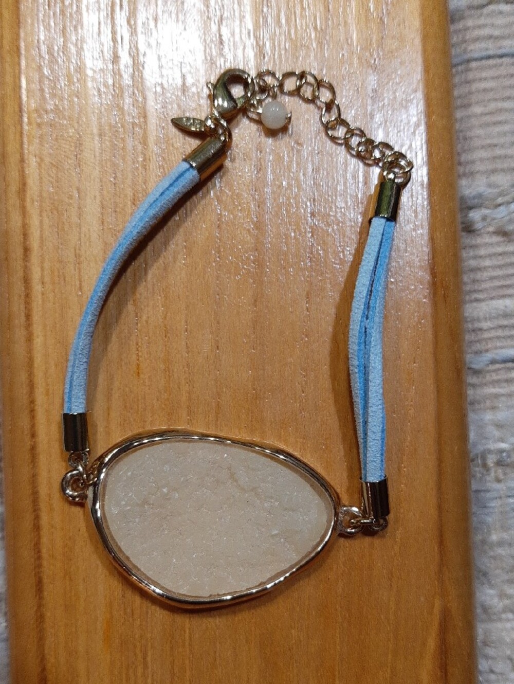 Gold Trim Yellow Druzy Stone Bracelet with Light Blue Suede Strap